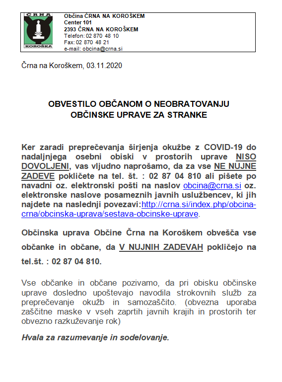 OBVESTILO KRAJANOM O OBRATOVANJU OBČINSKE UPRAVE