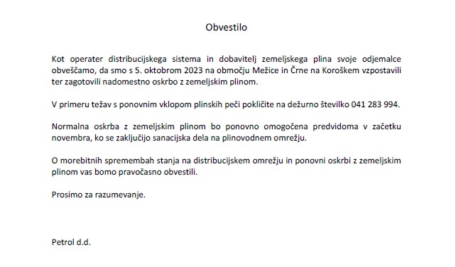 Obvestilo Petrol d