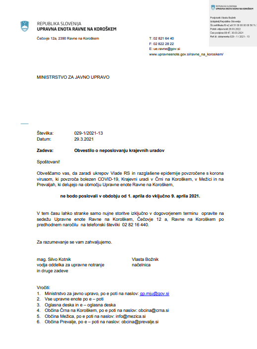 Obvestilo o neposlovanju krajevnih uradov od.1.4 9.4