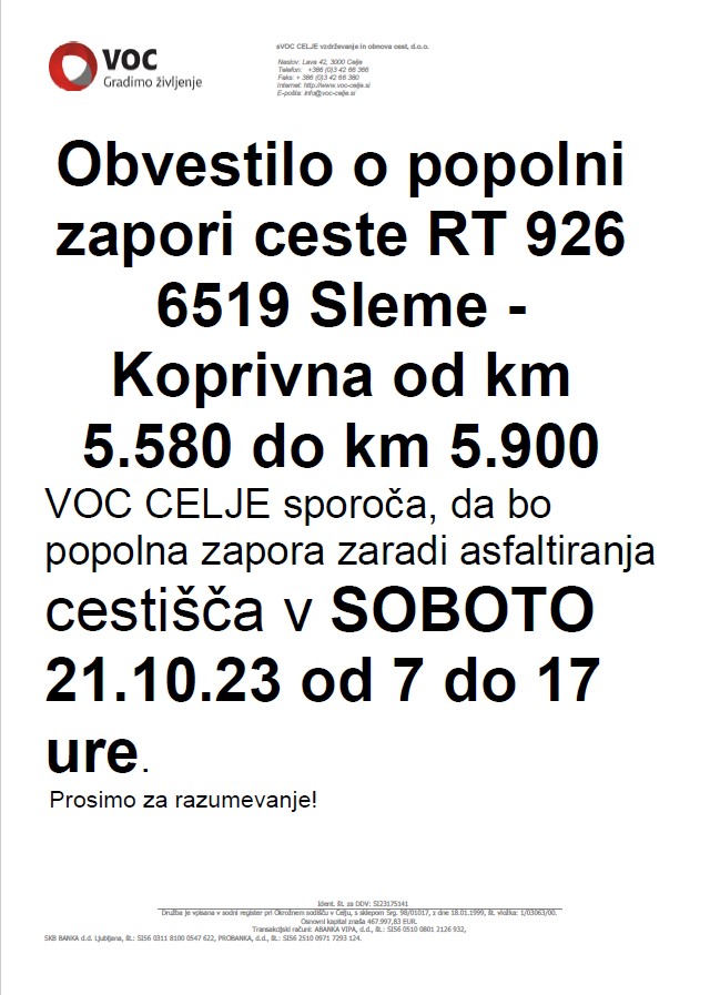 Obvestilo o zapori Sleme Koprivna