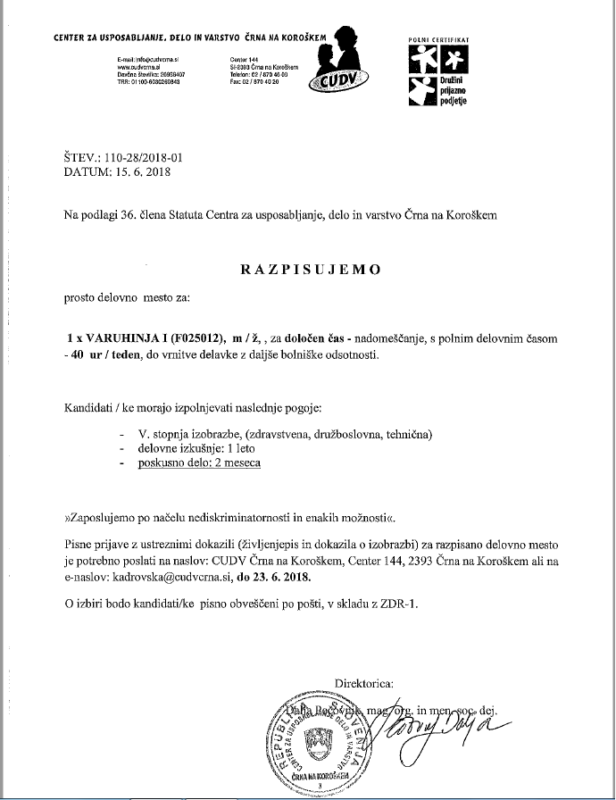 Razpis varuhinja