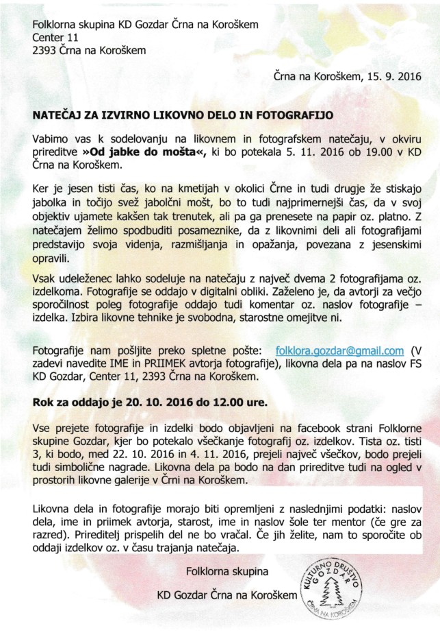 Vabilo NATEČAJ ZA IZVIRNO LIKOVNO DELO IN FOTOGRAFIJO