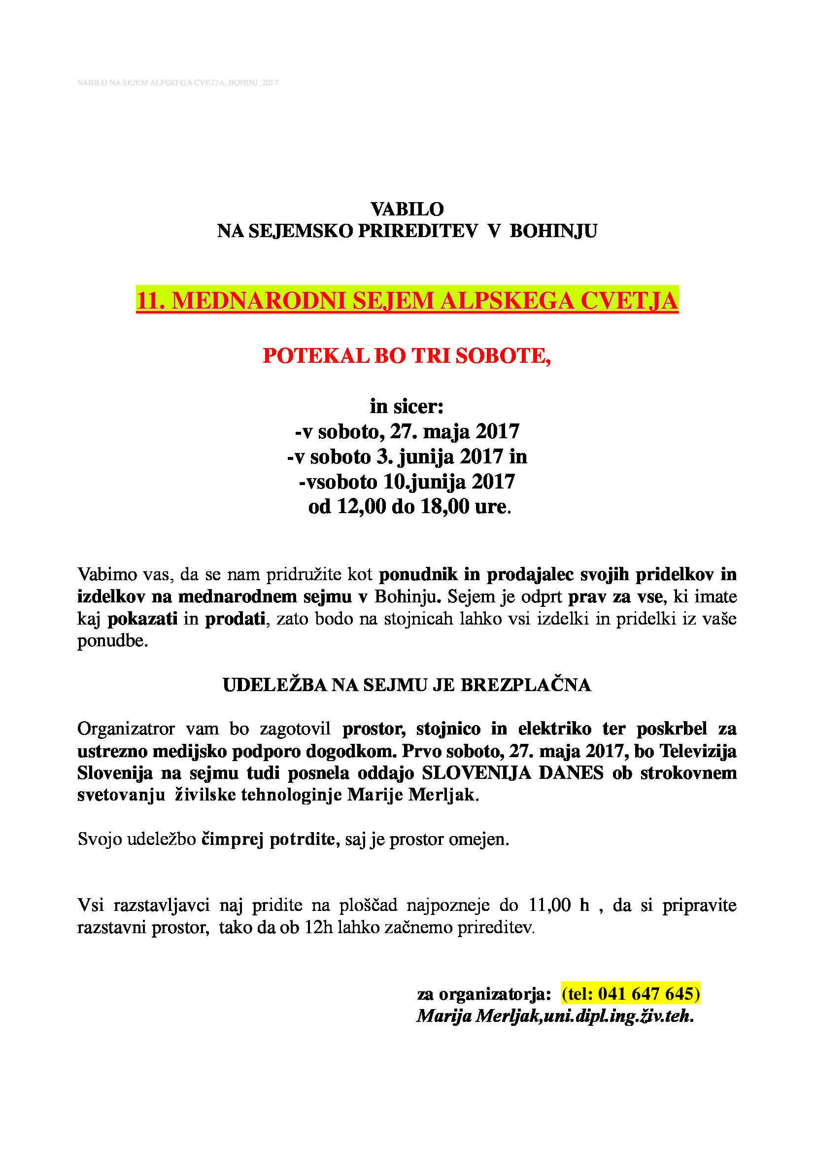 VABILO NA SEJEM ALPSKEGA CVETJA BOHINJ 2017