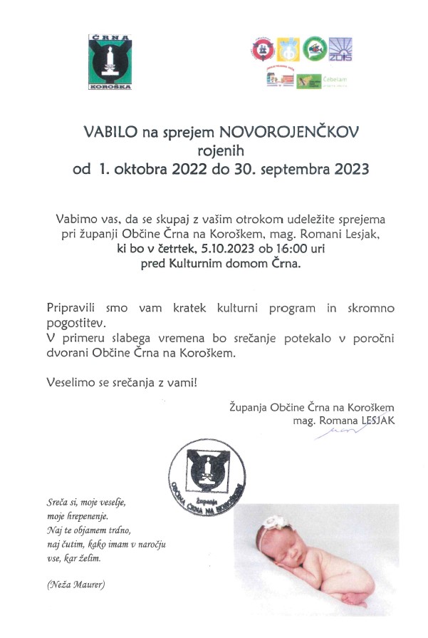VABILO NA SPREJEM NOVOROJENČKOV