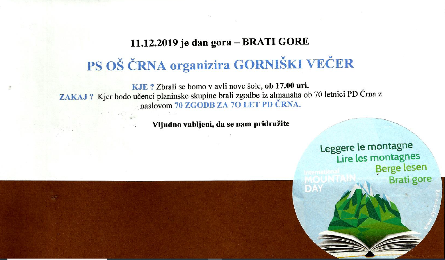 Vabilo Brati gore branje iz almanaha 70 zgodb za 70 let PD Črna