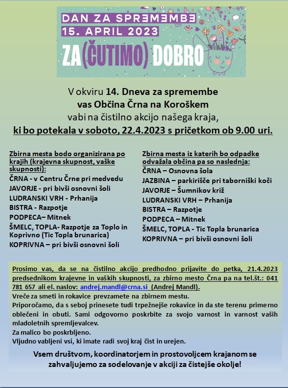 Vabilo Čistilna akcija sobota 22.4.2023