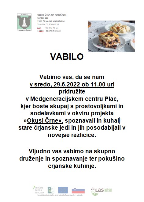 Vabilo na kuharsko delavnico v okviru projeta Okusi Črne 29.6.20220