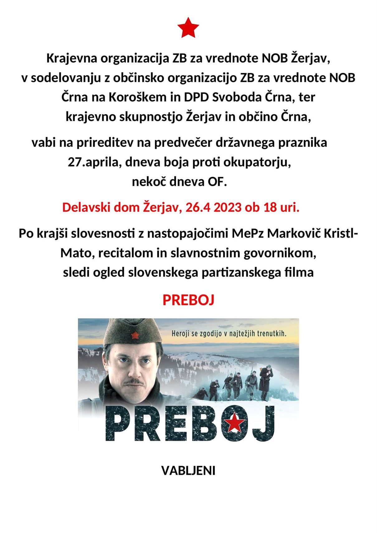 Vabilo na prireditev ob počastitvi boja proti okupatorju Žerjav resized