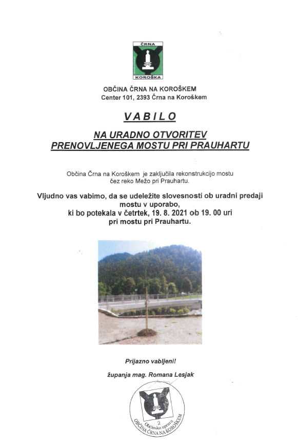 Vabilo na uradno otvoritev mostu pri Prauhartu