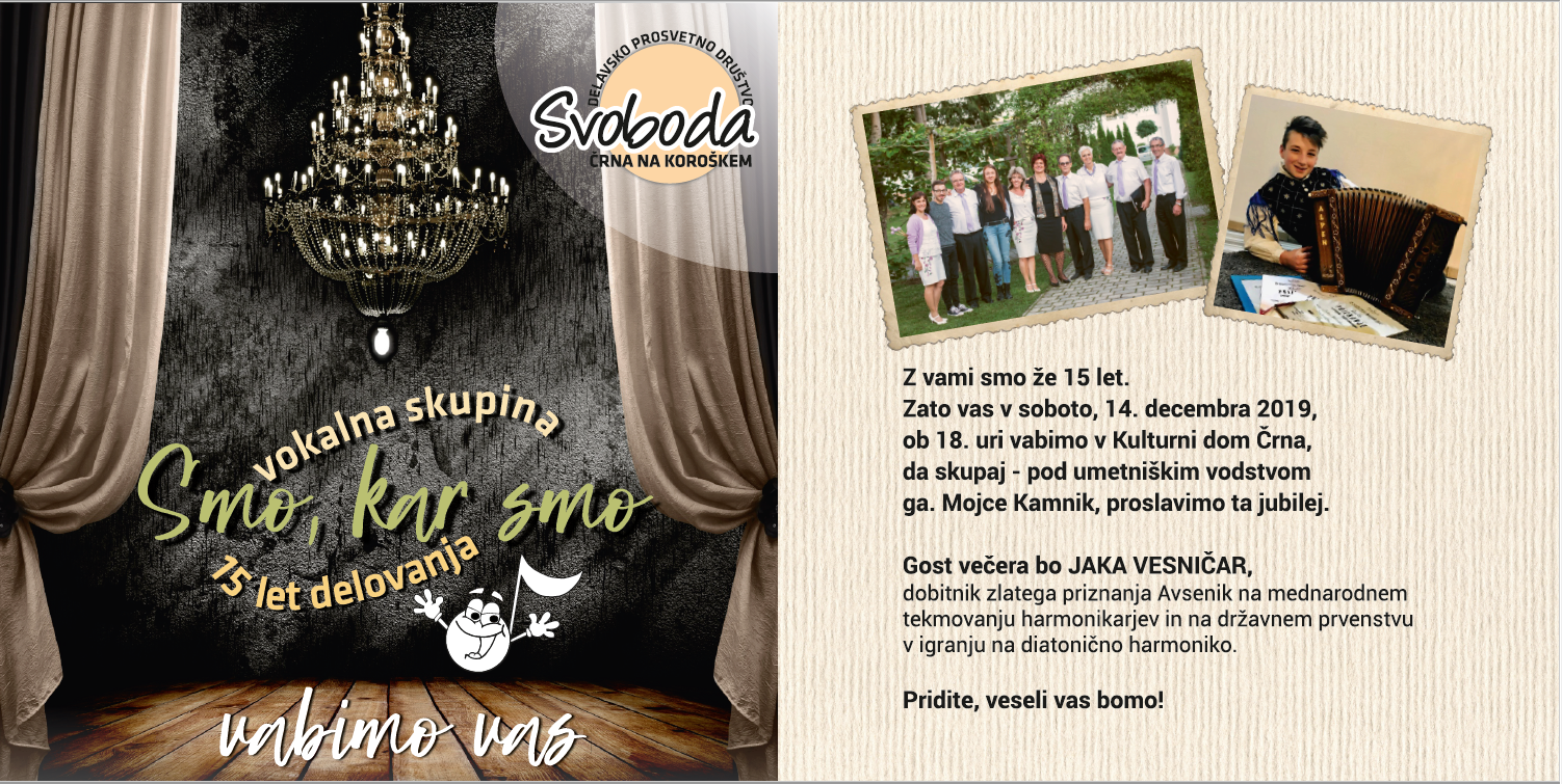 Vabilo vokalne skupine Smo kar smo ob 15 letnici delovanja