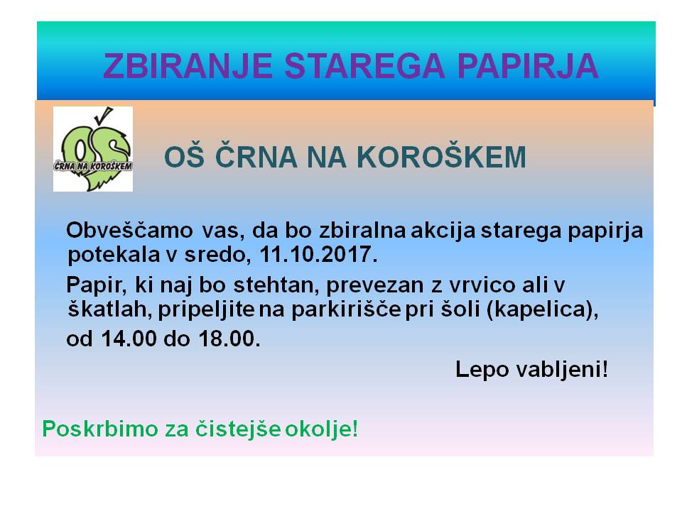 ZBIRANJE STAREGA PAPIRJA OKTOBER 2017