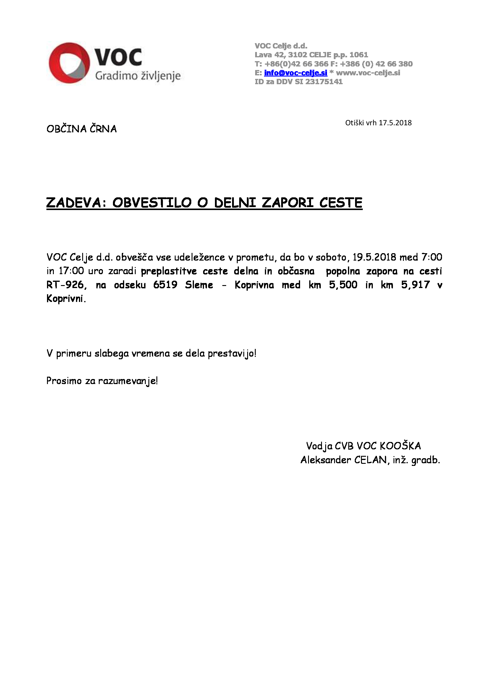obvestilo občini Črna o delni zapori ceste RT 926 6519 