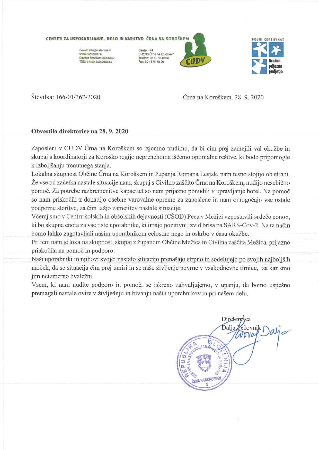 obvestilo direktorice