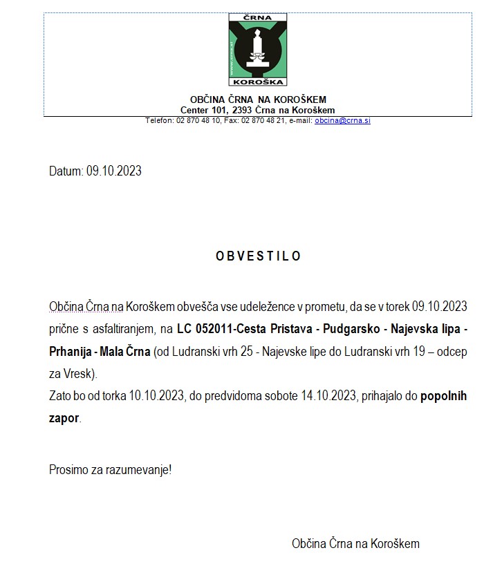 obvestilo o popolni zapori ceste