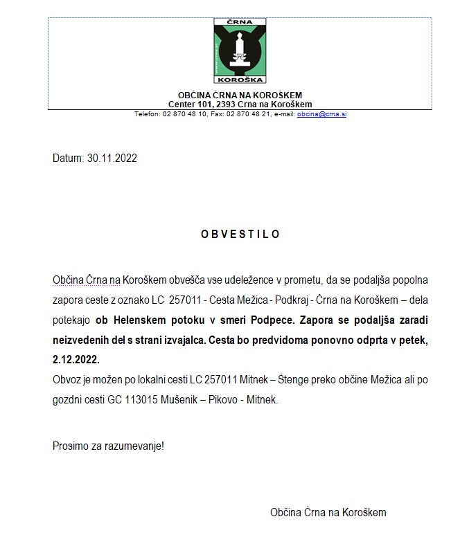 obvestilo o zapori ceste