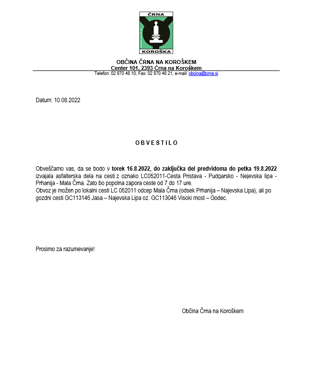 zapora ceste pristava pudgarsko najevska lipa prhanija mala črna 16.8 19.8.2022